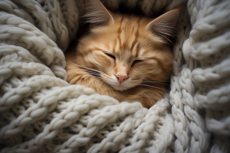 A cat curled up asleep on an ivory cable knit blanket, looks soothing and peaceful. Comfort, peace and warmth atmosphere.の素材