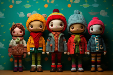 Colorful hand-knitted dolls wearing miniature sweaters and hats, pleasing composition, vivid details. Different stages of childhood concept.の素材