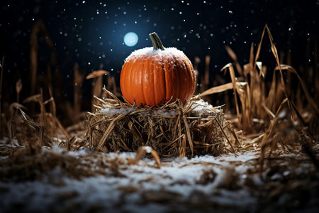An orange pumpkin covered in snow sitting on top of a haystack in a field at night. A symbol of fall, harvest and approaching winter.の素材