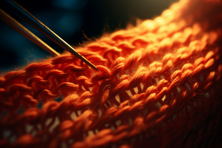 A knitting needle pulling yarn through a knitted scarf piece, close-up view.の素材