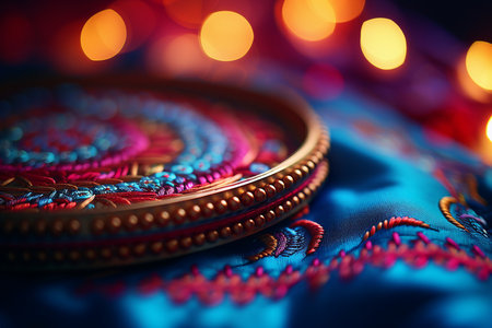 A colorful intricate embroidery hoop and a fabric, close up view, focused on the stitches with dreamy bokeh background.の素材