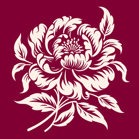 A white peony flower with leaves on a burgundy background. Simple monochrome vector illustration, ornamental, isolated on background.のイラスト素材