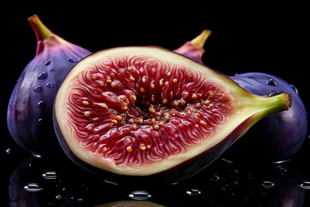Fresh red and juicy fig sliced open, seeds visible inside. Extreme close-up view.の素材