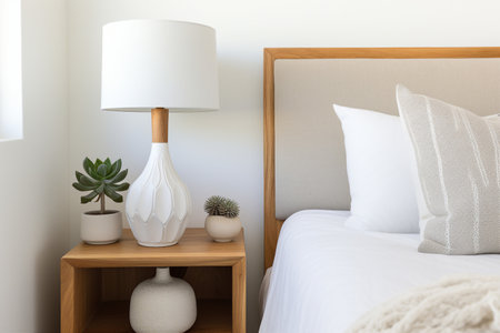 White walls and bed with single wood nightstand. Just a lamp and small succulent plant atop it. Bright natural light.の素材