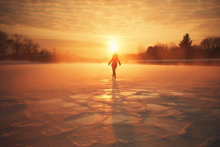 Silhouette of person ice skating on a frozen lake at sunrise, sun rays, warm orange and cool blue color scheme.の素材