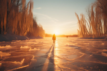 Silhouette of person ice skating on a frozen lake at sunrise, sun rays, warm orange and cool blue color scheme.の素材