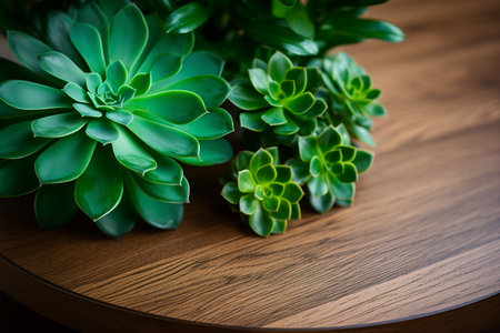 Bright close-up of succulent on round wood end table. Simple composition, vivid green leaves pop against wood grain.の素材