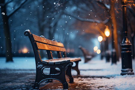 A wooden bench in a park blanketed by snow, with snow-covered trees in the background. A symbol of peace, reflection, and nature's beauty.の素材