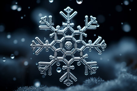 A detailed close-up of a six-sided snowflake against a dark background, symbolizing nature's intricate beauty, life's fragility and complexity.の素材