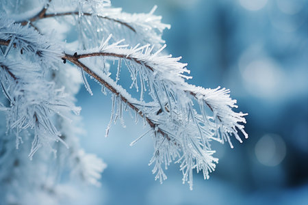 A brown tree branch blanketed in white snow clinging to it. Close-up view, symbol of nature's tranquility, calm and beauty effect.の素材
