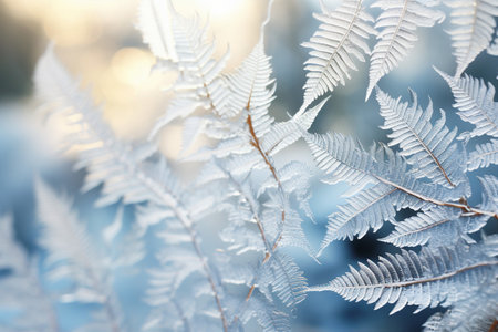 Close-up of a fern leaf intricately covered in delicate ice crystals patterns, showing nature's beauty and resilience during winter's chill.の素材