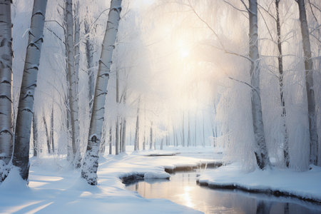 A winding stream flowing through a snow-covered birch forest. Sunlight penetrates through the trees and is reflected on the water, creating an atmosphere of peace and tranquility.の素材