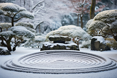 A tranquil winter garden scene with snow-laden bare trees and a stone labyrinth partly covered in snow. Represents nature's beauty and the journey of self-discovery.の素材