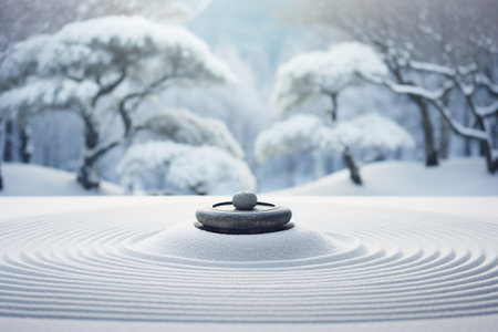 A smooth, dark rock sitting atop a pile of white snow, depicting a tranquil winter zen garden scene. Represents impermanence and the passage of time.の素材