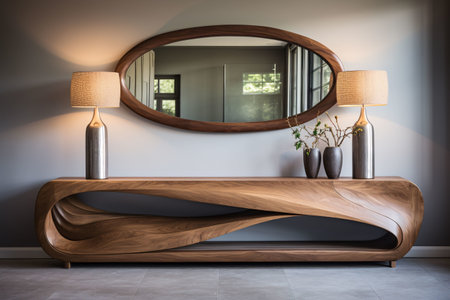 Decorative console table of unusual shape, made of wood with beautiful curves and original tall thin lamps. Above it hangs an oval mirror in a wooden frame.の素材