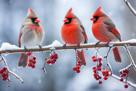 Cardinal birds with bright red feathers sitting on a snow-covered rowan tree branch with red berries. A symbol of winter and the holiday season.の素材