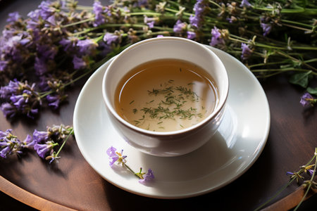 A white ceramic cup of thyme tea on a saucer surrounded by sprigs of purple lavender. A symbol of comfort, relaxation and appreciation of the simple joys of nature.の素材