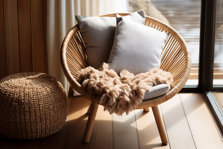 Round rattan armchair with white cushions, soft fluffy plaid and wicker footstool in front of a bright window. A quiet place to relax and reflect.の素材