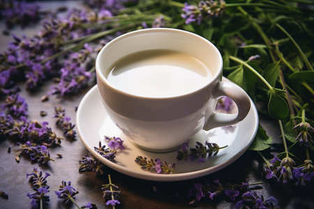 A cup of alpine milk on a white ceramic saucer surrounded by graceful purple lavender flowers on a dark wooden table. A symbol of the joy of simple pleasures.の素材