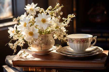 Close-up of a white tea cup with delicate hand-painted floral design standing on a stack of old books. Next to it is a vase with a few sprigs of edelweiss flowers.の素材