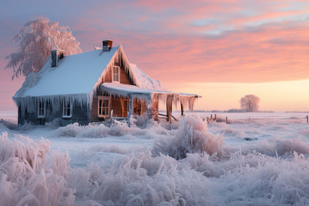An old wooden house stands in the middle of a snow-covered field, covered with snow and icicles. The winter setting sun illuminates the heavily icy plants and the fence.の素材