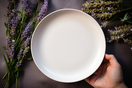 A man's hand holds a large white porcelain plate against a background of neatly folded purple, lavender flowers.の素材