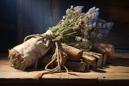 Bouquet of assorted dried alpine herbs tied with twine on a wooden table, including lavender, rosemary, and thyme. Symbol of the natures beauty and utility for cooking and medicineの素材