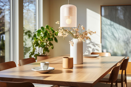 A cozy kitchen lit by morning sunlight, flowers on a wooden table and a large round lamp above it.の素材