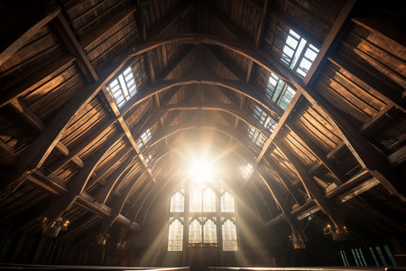 Wooden beamed ceiling of the monastery with sunlight streaming in through skylights. Wide angle view from floor looking up.の素材