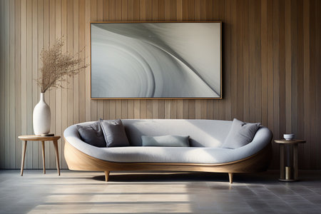 Cozy room interior with wood paneling, curvaceous modern sofa, lamp and vase with flowers.の素材