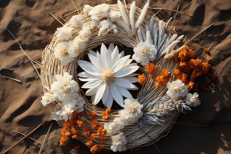 Colorful bouquet of white and orange flowers combined with textured dried plants and leaves on a dark sand. A beautiful floral arrangement.の素材