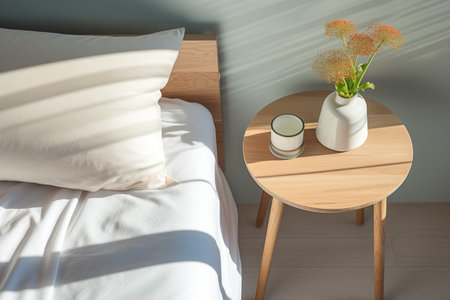 Wooden round table with a vase of dried flowers next to the white bed in the bedroom. The bright morning sun illuminates the interior.の素材