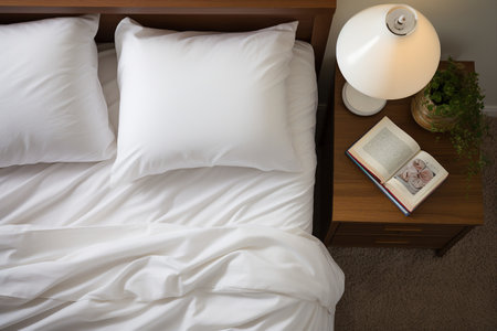Double bed with white linens and pillows with a nightstand, book and lamp next to it. Early morning concept.の素材
