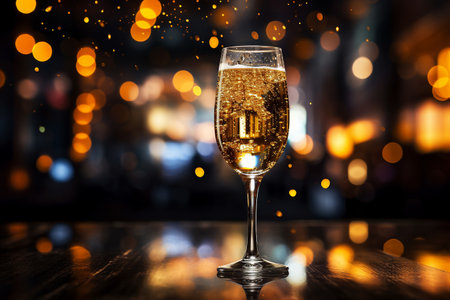A crystal champagne glass half full with bubbly golden champagne, condensation dripping down the side, backlit by neon signs, bokeh in background.の素材