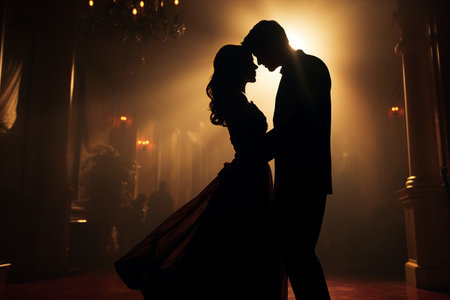 Silhouette of a well-dressed couple slow dancing in the middle of an empty ballroom, soft spotlight from above, cinematic depth of field.の素材