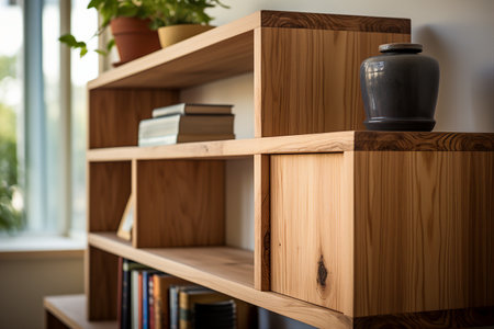 Large, freestanding wooden bookshelf with books. Close-up side view, cozy home interior.の素材