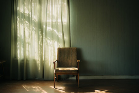 A chair standing in an almost empty room. Sunbeams streaming in through linen curtains, casting shadows on wood floor.の素材