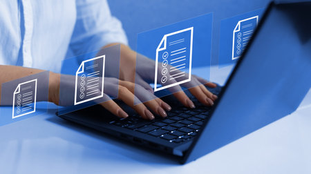 Document management concept illustrated by a picture on background with a laptop computer