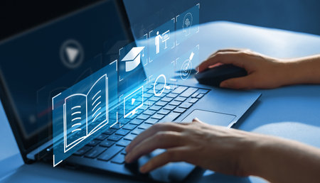 E-learning concept on virtual screen. Internet education and technology.