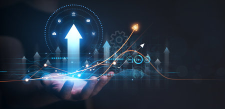 Businessman touching digital screen with rising arrow and chart concept. 3D Rendering