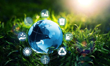 Ecology concept. Globe on green grass with icons of green energy.