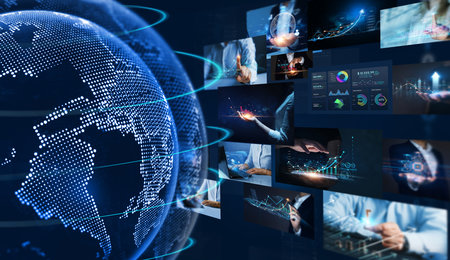 Collage of business people working together over world map. Elements of this image furnished by NASAの写真素材