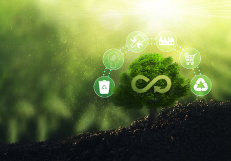 Ecology concept with green tree and eco icons on nature background.の写真素材