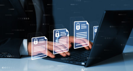 Document protection concept with businessman working on laptop computer on dark background 3D renderingの写真素材