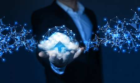 Businessman holding a cloud computing hologram. 3D rendering.