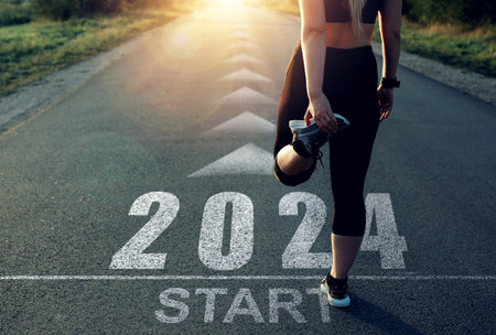 Concept of new professional achievements in the new year and success. Sports girl who wants to start...
