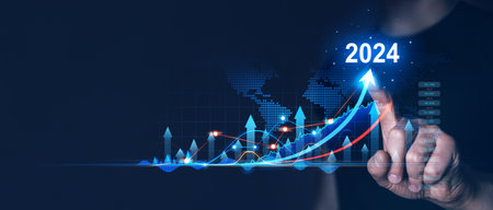 Businessman holding growth graph a year 2024 of business and data analysis. Development to success...