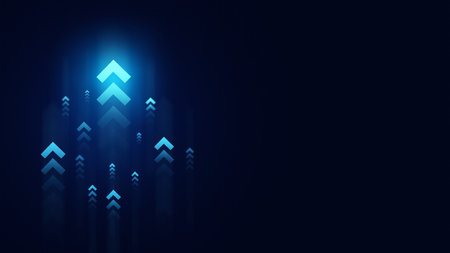 Glowing arrows on dark blue background. 3D Rendering.の写真素材