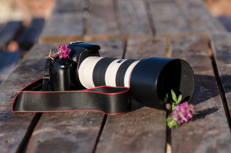 Close-up of a dslr camera surounded by flowers
