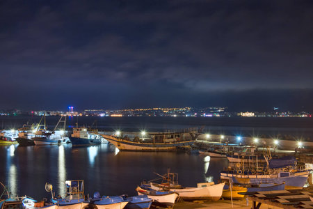 Beautiful night view and boats in the port of  Nessebar Old Town, Bulgariaの写真素材